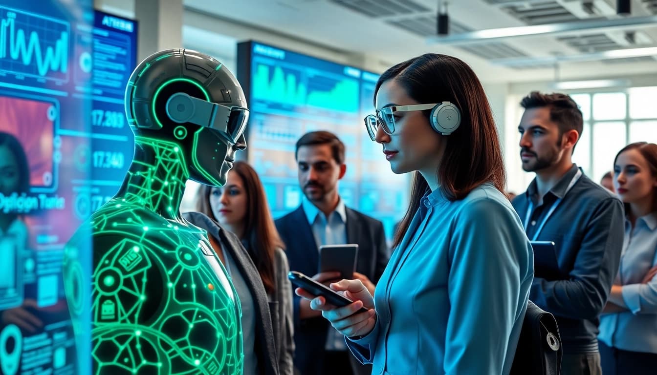 Visual representation of Ai agents in a collaborative tech environment showcasing innovation.