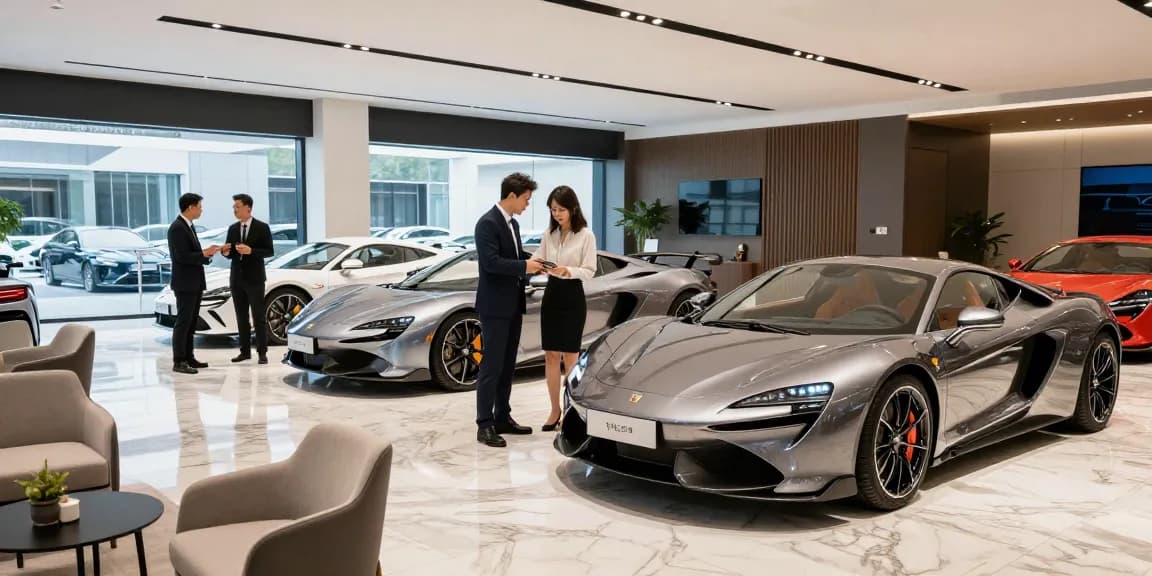 Interior showroom mobil mewah LUXURY 777 yang menampilkan kendaraan premium dan suasana elegan