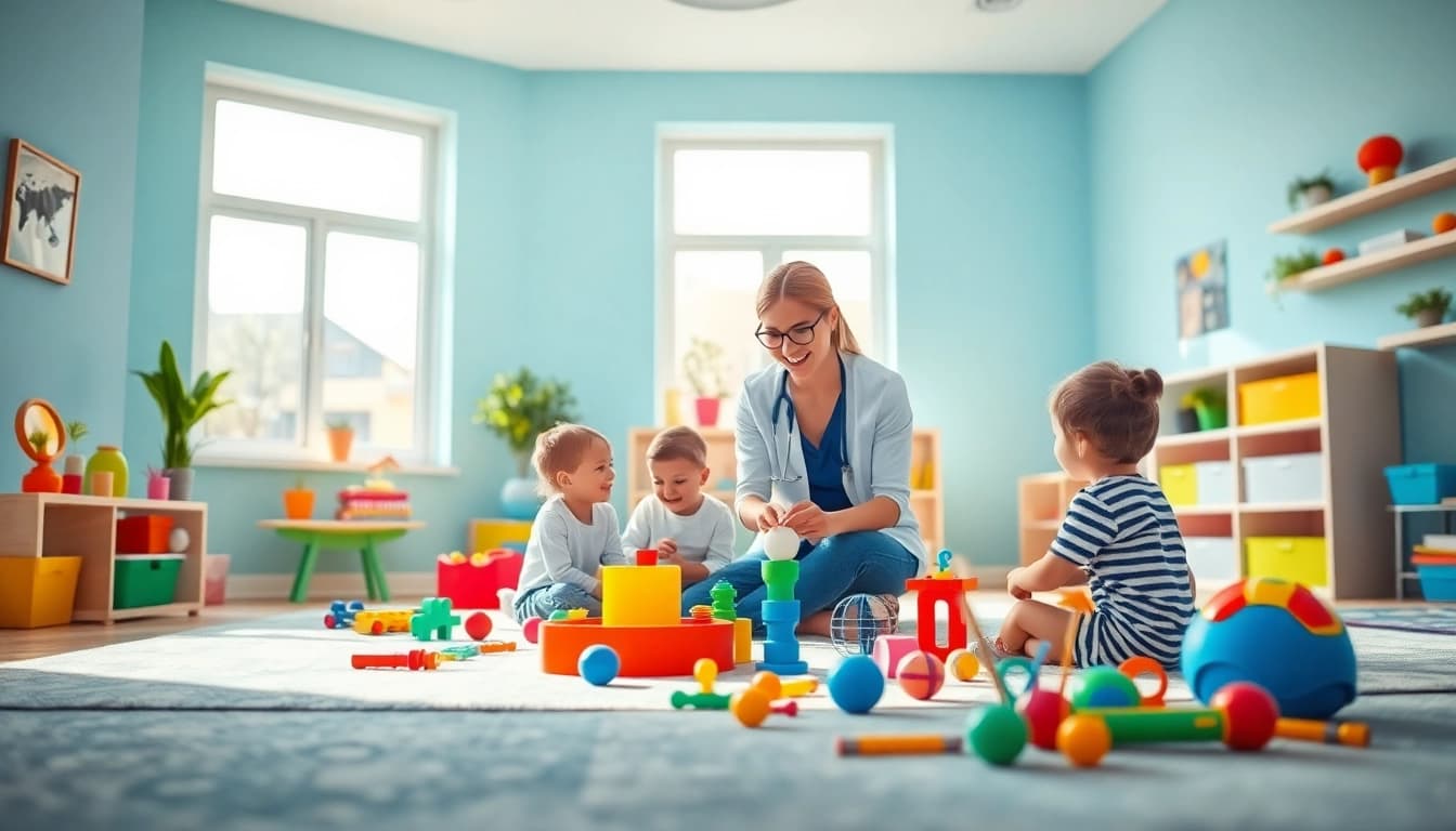 Engaging ABA therapy in Troy session with a child and therapist in a colorful room.