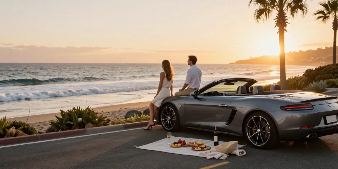 Momen romantis dengan LUXURY 777 di tepi pantai dengan mobil mewah dan makanan gourmet.