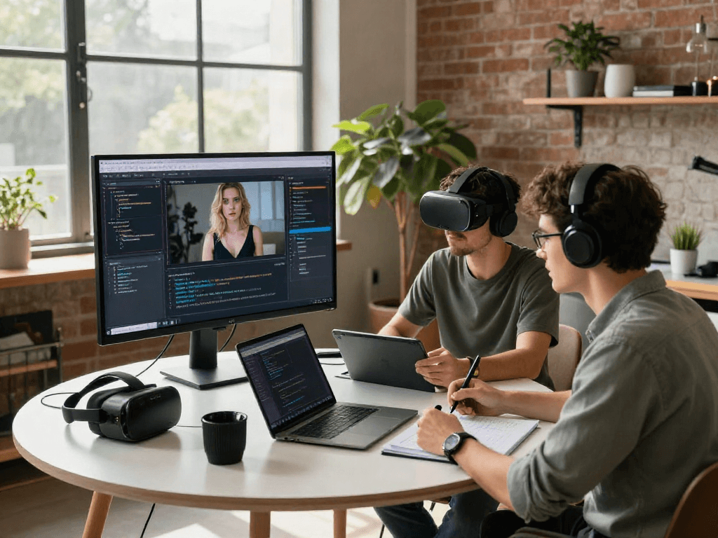 AI porn simulation program being developed by software engineers in a modern tech workspace.