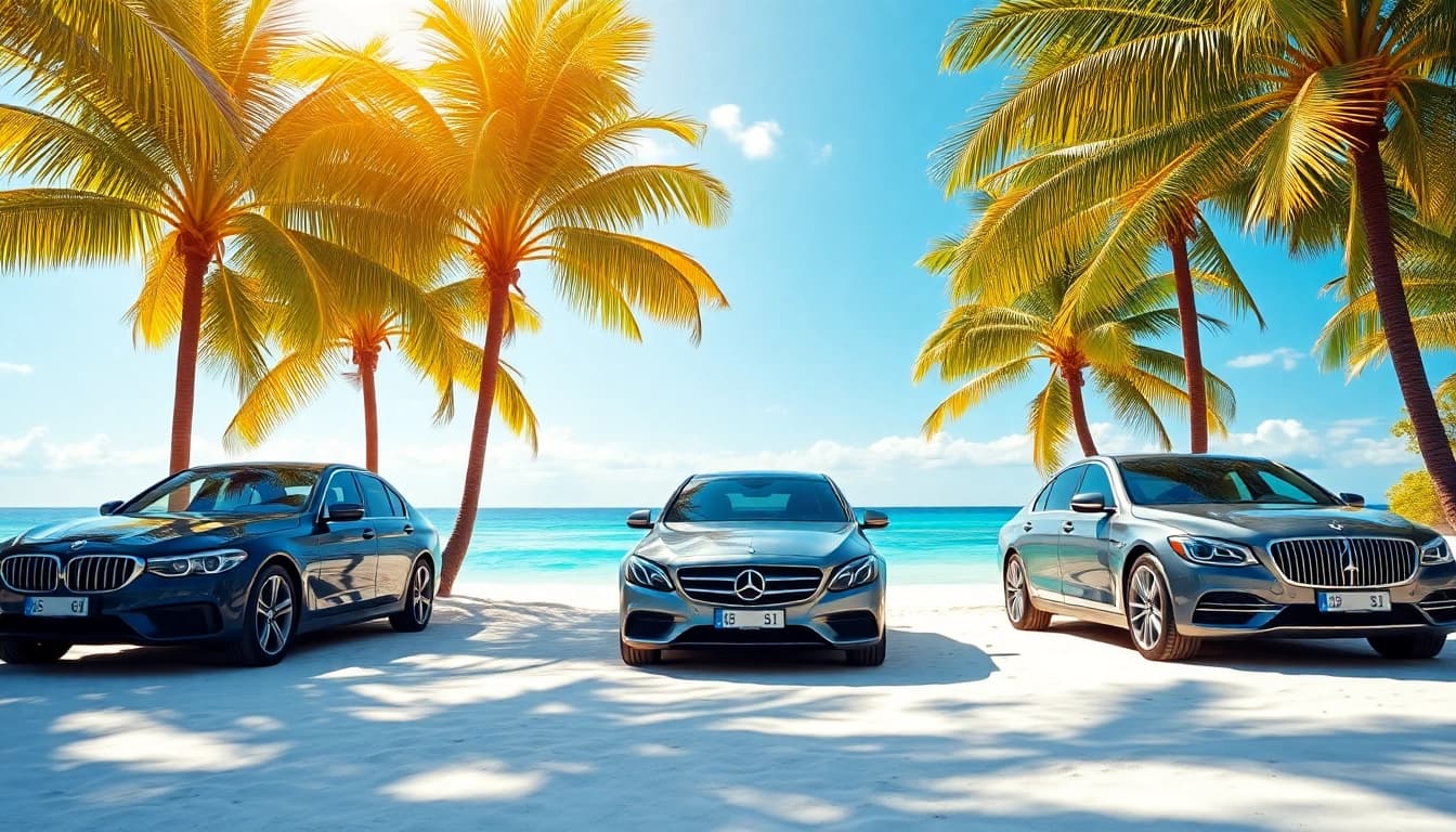 Best car rental saint barth scene featuring luxurious vehicles by a sandy beach.