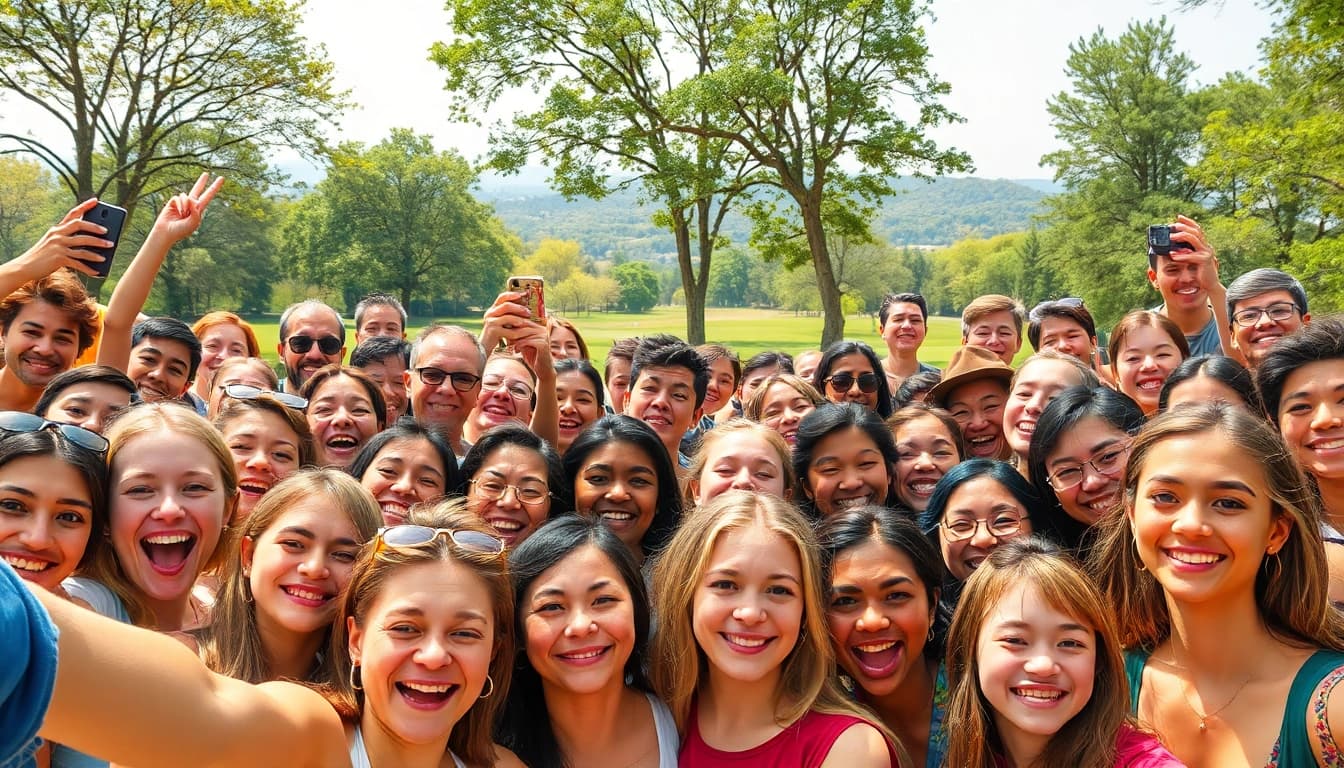 Engaging selfie mosaic creating vibrant emotions from diverse individuals in a beautiful outdoor setting.