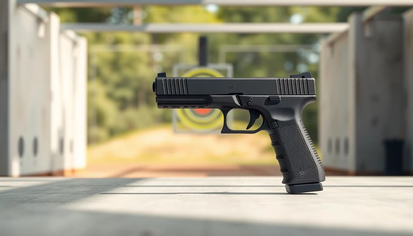 Capture the elegant glock 43x mos on a shooting range, highlighting its details and modern design.