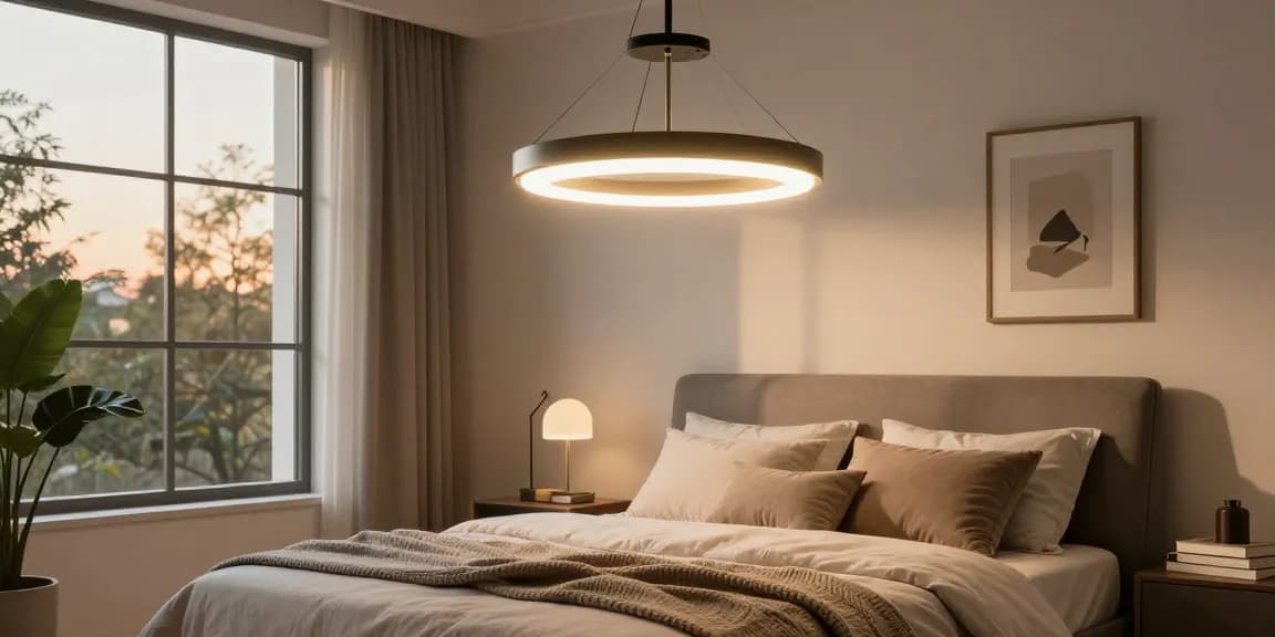 Lustra dormitor modernă iluminând un dormitor elegant, cu atmosferă caldă și primitoare.