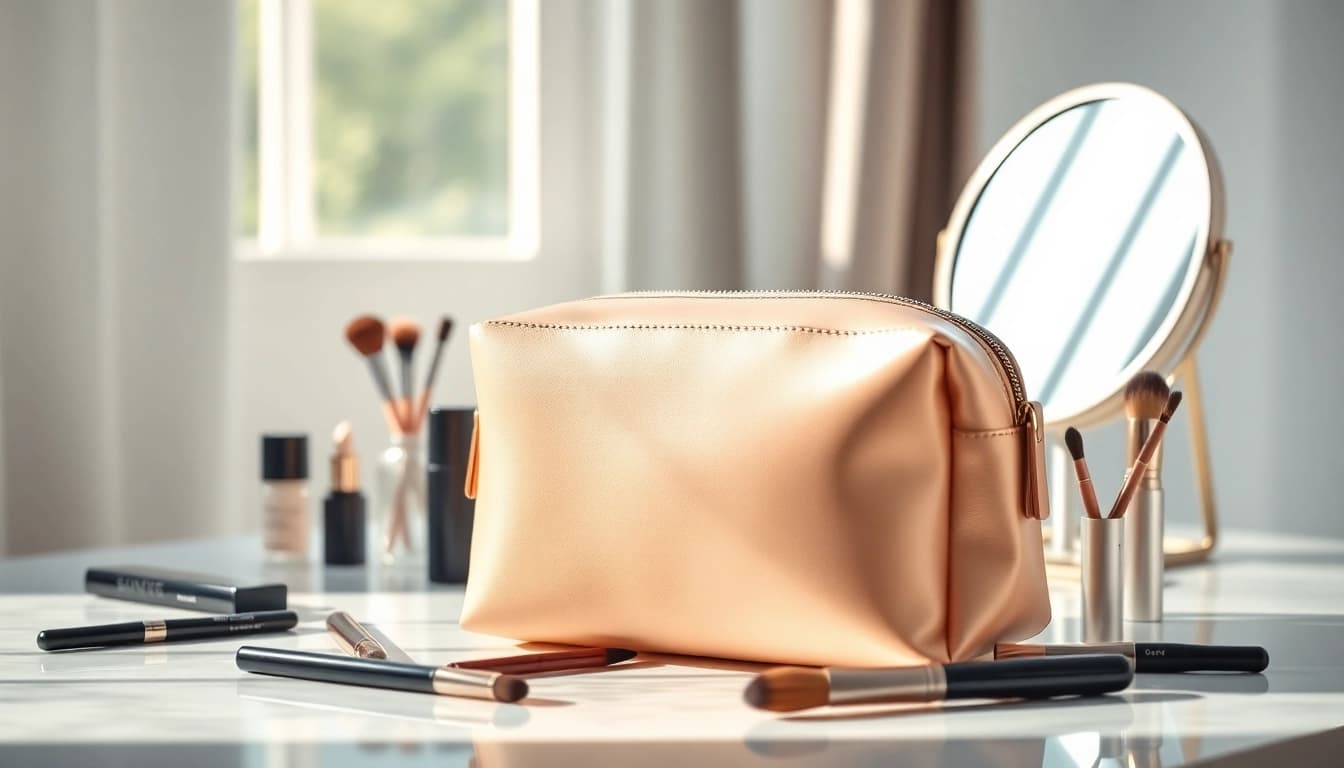 Showcase the skone cosmetics signature makeup bag with elegant styling and makeup tools.