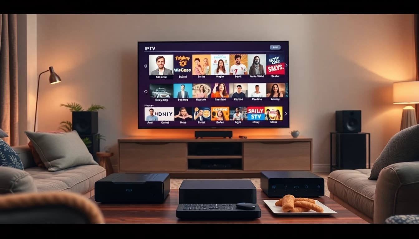 Stream IPTV free trial on a cozy living room setup with high-tech devices and a vibrant TV screen.