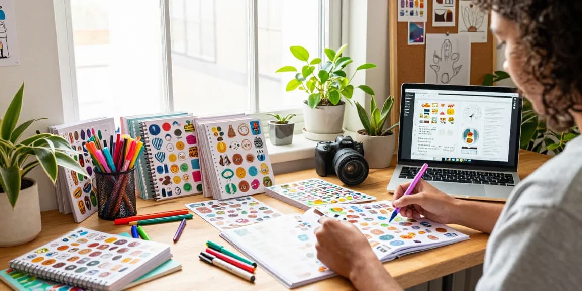 Person organising a reusable sticker book at a bright home office desk with art supplies.