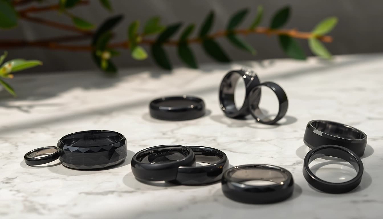 Showcase of striking Black Wedding Rings for Men featuring diverse designs and finishes.
