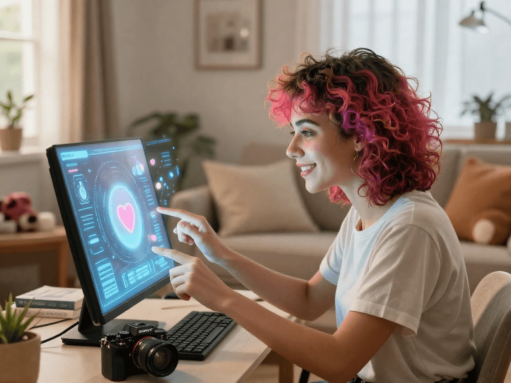 An engaging nsfw ai girlfriend interaction in a cozy, modern room with warm lighting and digital elements.