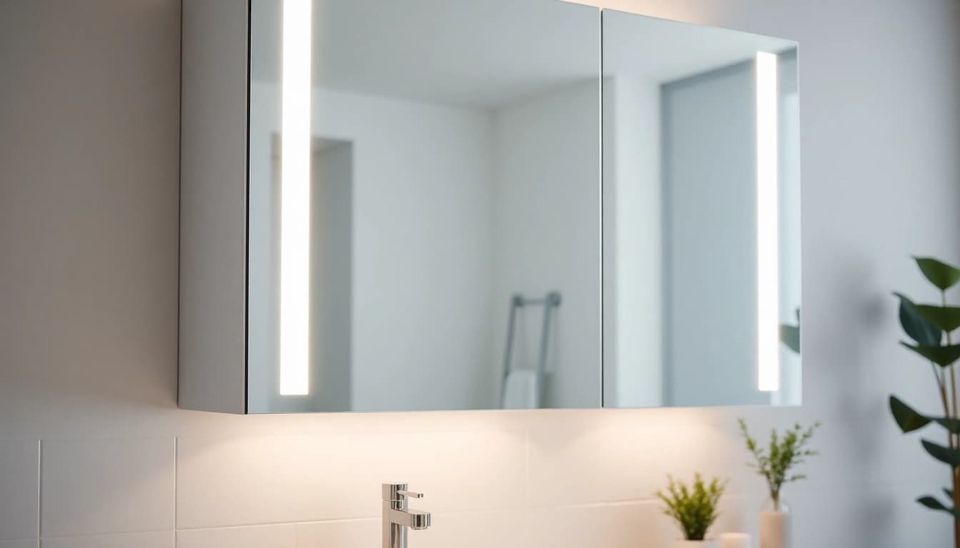 Spiegelschrank Bad mit Beleuchtung in modernem Badezimmer, stilvolles Design und sanftes Licht.