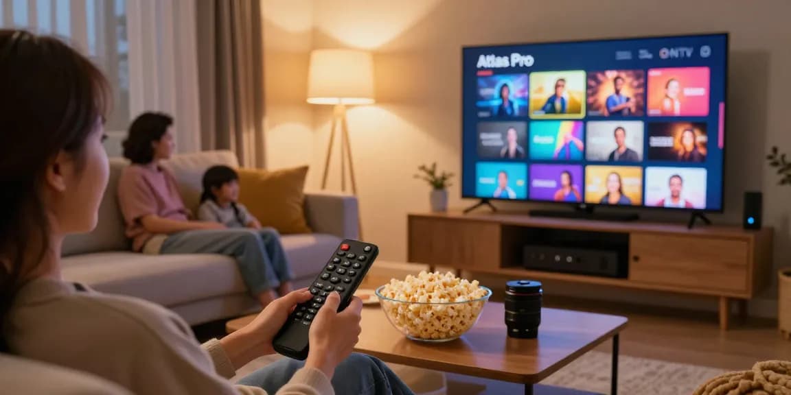 Enjoying Atlas Pro ONTV on a cozy sofa with vibrant streaming options displayed.