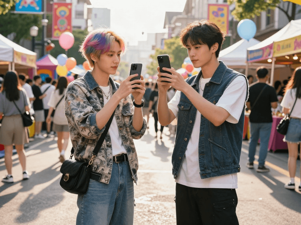 Two individuals resembling celebrities that look alike at a vibrant street festival celebrating doppelgangers