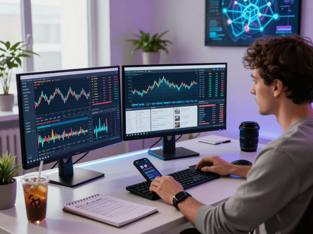Trader analyzing kyber-swap market trends on multiple screens in a modern digital workspace.