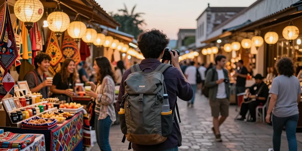 NAGA2000 traveler enjoying a vibrant cultural market experience during twilight.
