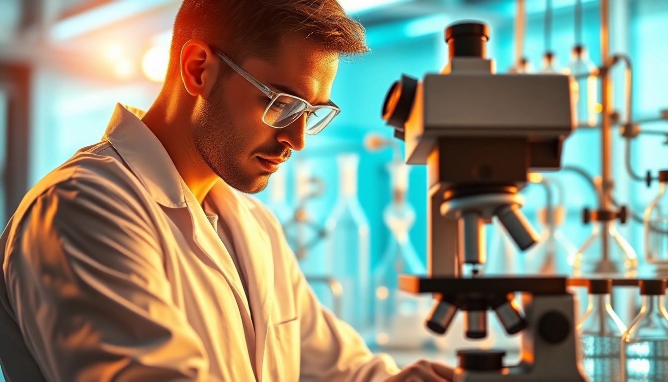 Researcher examining ion peptides in a high-tech laboratory setting.