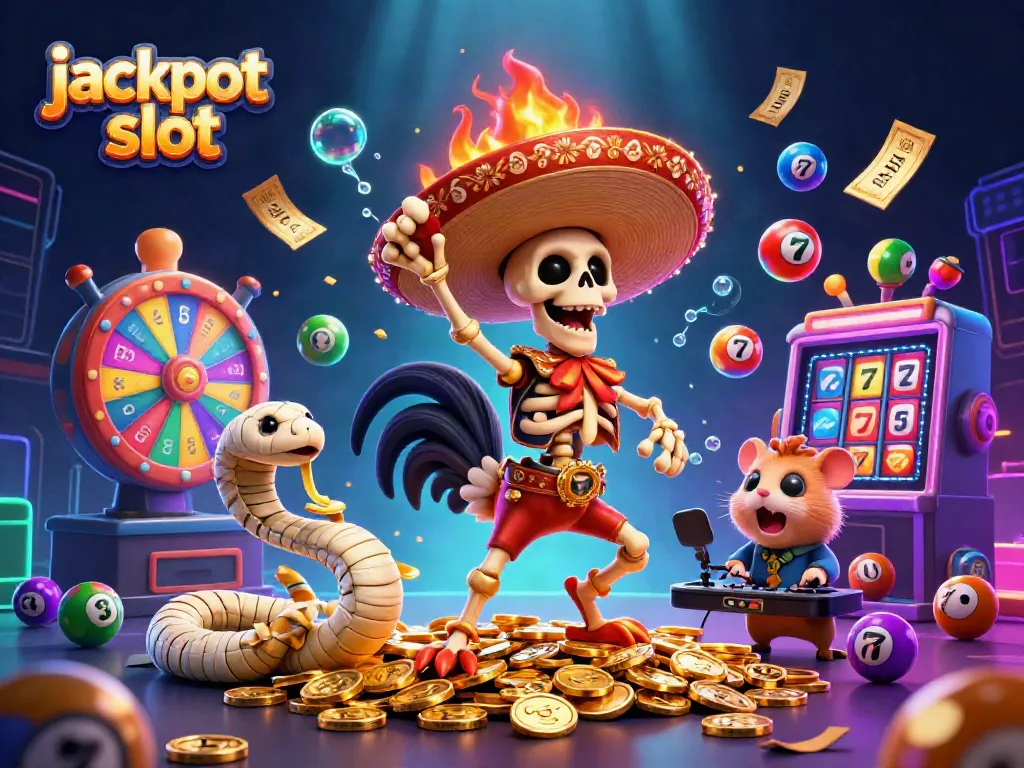 Experience the jackpot slot excitement with a mariachi rooster and a DJ hamster in a vibrant casino scene.