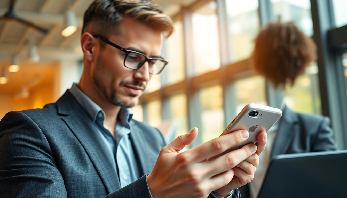 Engaged professional exploring the best business mobile providers UK solutions in a contemporary office.