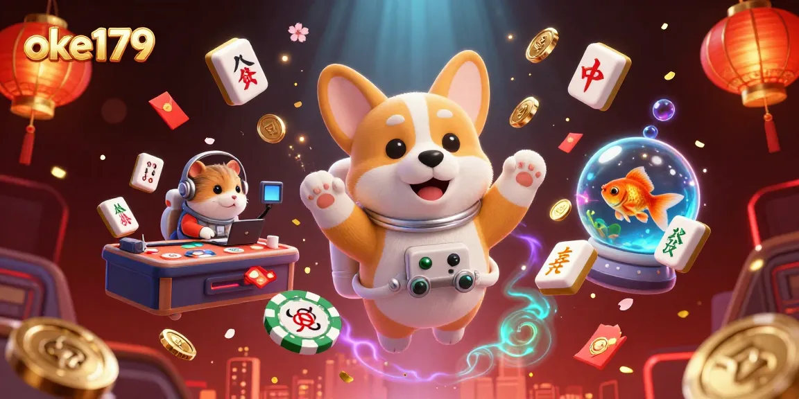 Bet on excitement with oke179 as a cartoon space corgi plays poker amidst coins and casino elements.