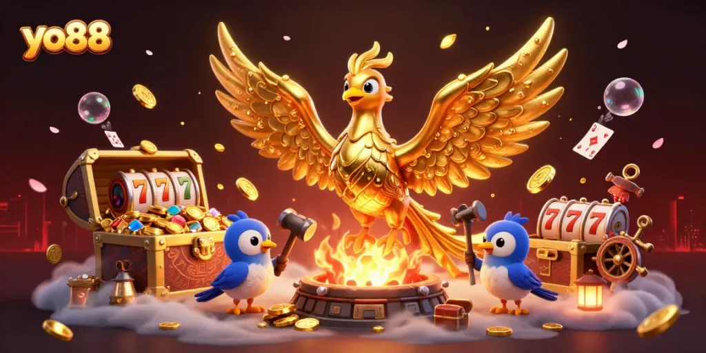 Experience the excitement of YO88 with a golden phoenix and casino game elements bursting with rewards.