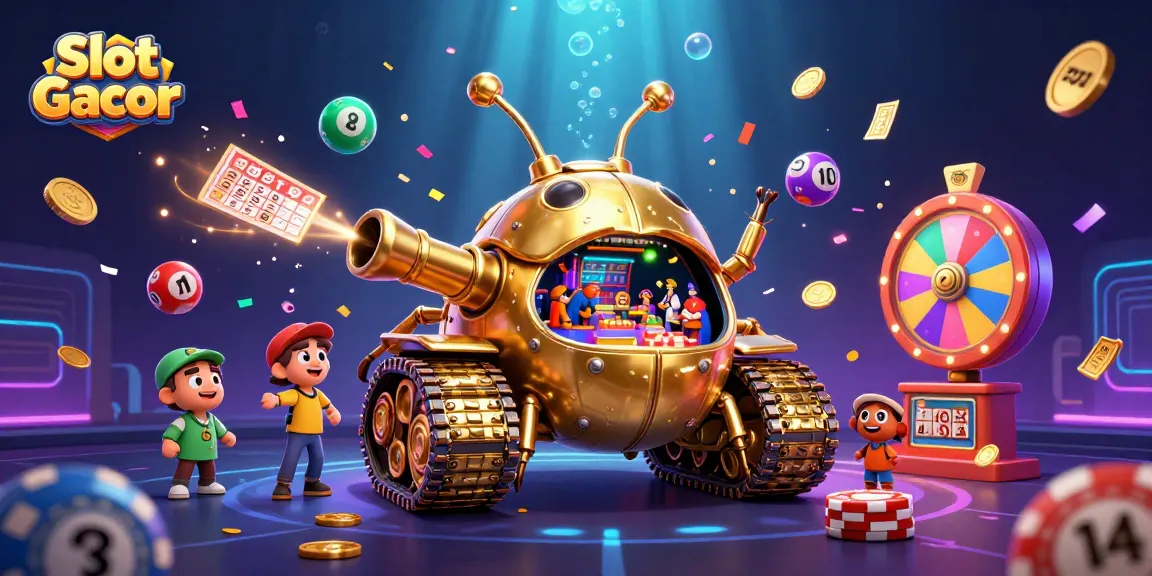 Judul Slot Gacor menampilkan tank kumbang emas raksasa dengan miniatur kasino dan elemen permainan meriah.