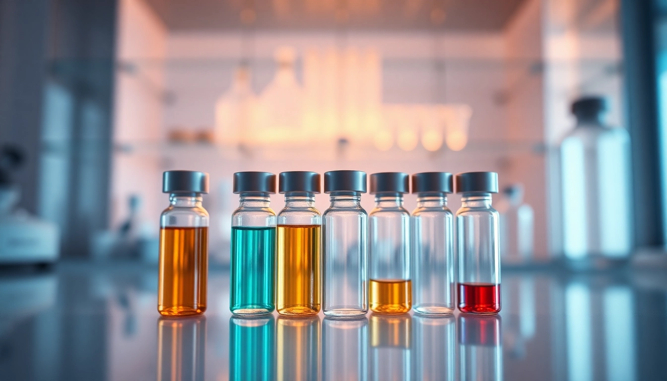 Highlighting the glow stack peptide vials, showing vibrant colors and smooth textures in a professional lab setting.