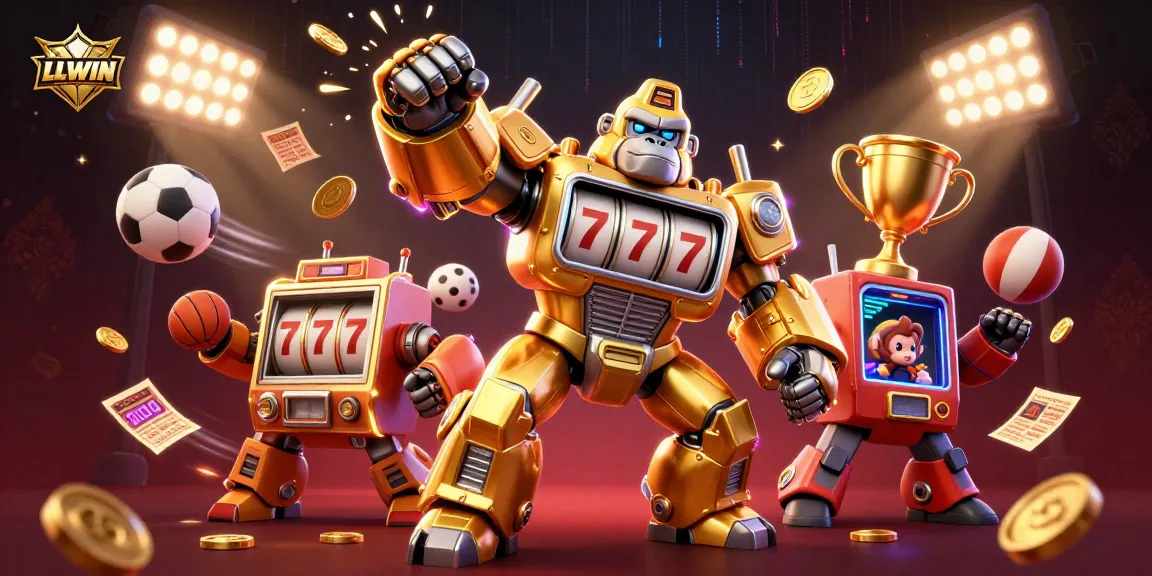 Win at LLWIN with a thrilling 3D illustration featuring a golden gorilla mech and explosive casino elements.