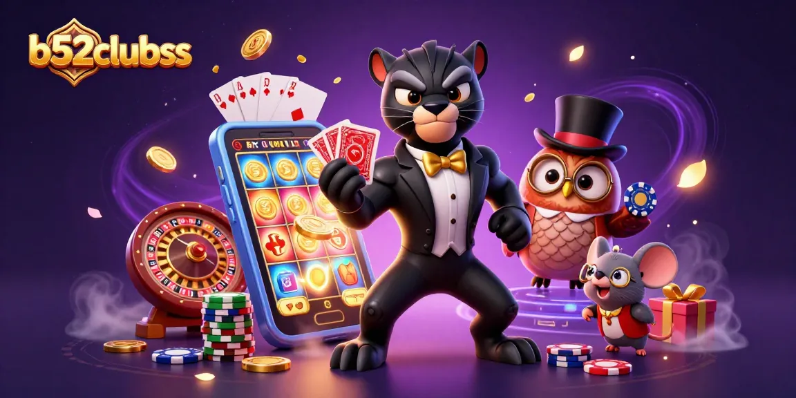 b52clubss showcases a stylish black panther dealing cards with a lucky owl and mouse, surrounded by gaming elements.