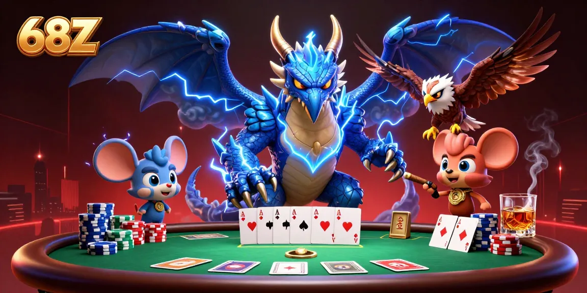 Ilustração 3D do cassino com 68Z, dragão elétrico e mesa de pôquer vibrante.