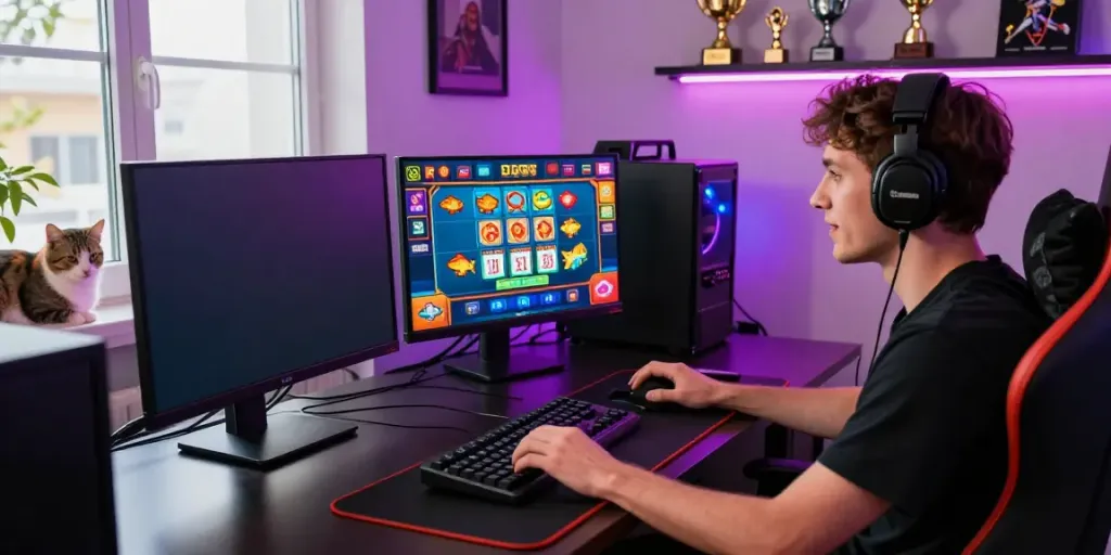 Engaged player enjoying du88 online gaming experience at a modern desk with vibrant graphics.