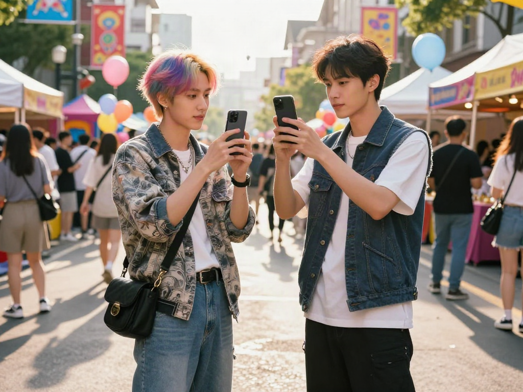 Two individuals resembling celebrities that look alike at a vibrant street festival celebrating doppelgangers
