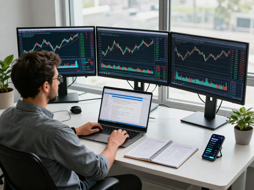Trader analyzing multiple charts on metatrader 5 setup in a modern office.