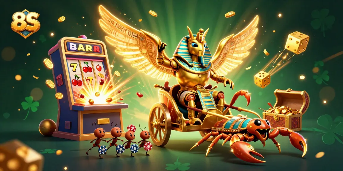 Experience thrilling wins at 8S Casino with the vibrant 3D illustration of golden beetles, jackpot slots, and casino themes.