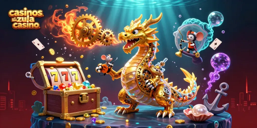 Engage with casinos like Zula Casino featuring a dragon, slot reels, and sparkling gems.