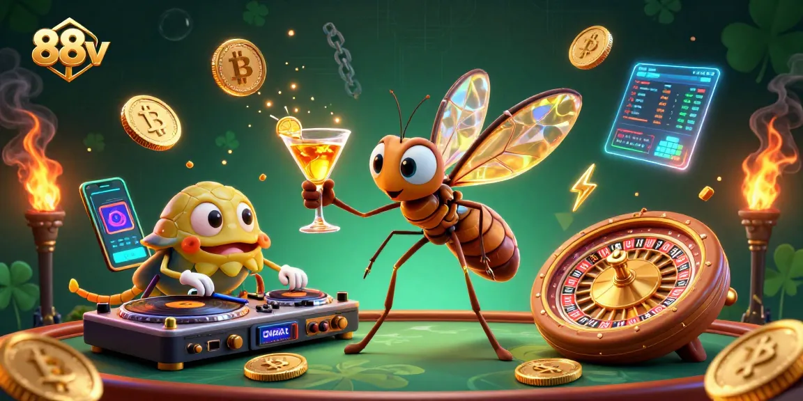 Experience thrilling gameplay with 88vv, featuring a vibrant casino mascot and crypto elements.