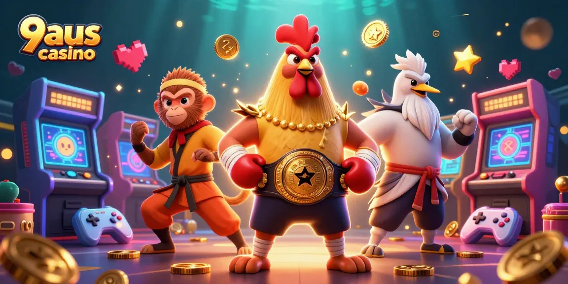 Engage with the vibrant 9aus casino scene featuring animated characters and dynamic gambling elements.