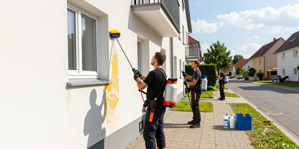Fassadenreinigung Fuldabrück: Professionelles Team reinigt die Fassade eines Wohngebäudes mit umweltschonenden Mitteln.