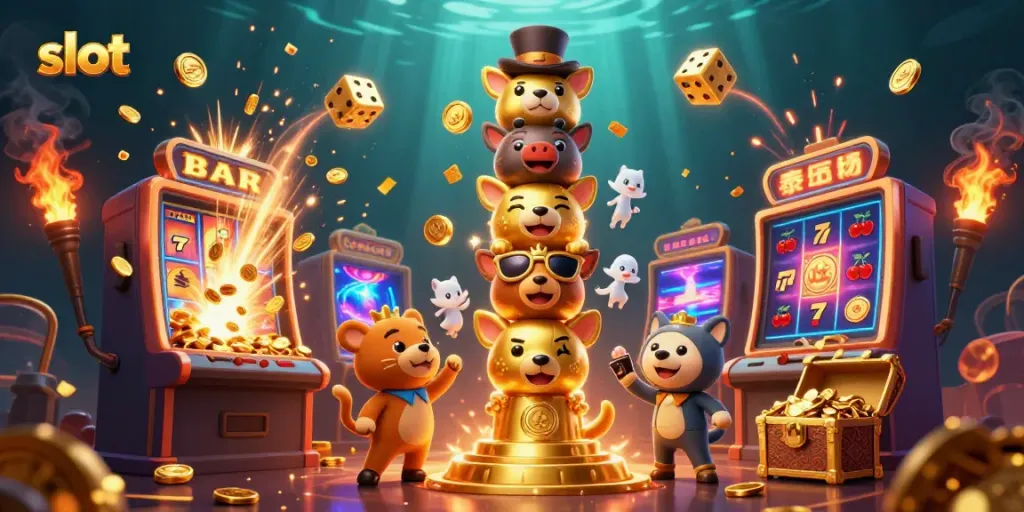 Permainan slot menarik dengan mesin slot dan simbol keberuntungan di dalam gambar.