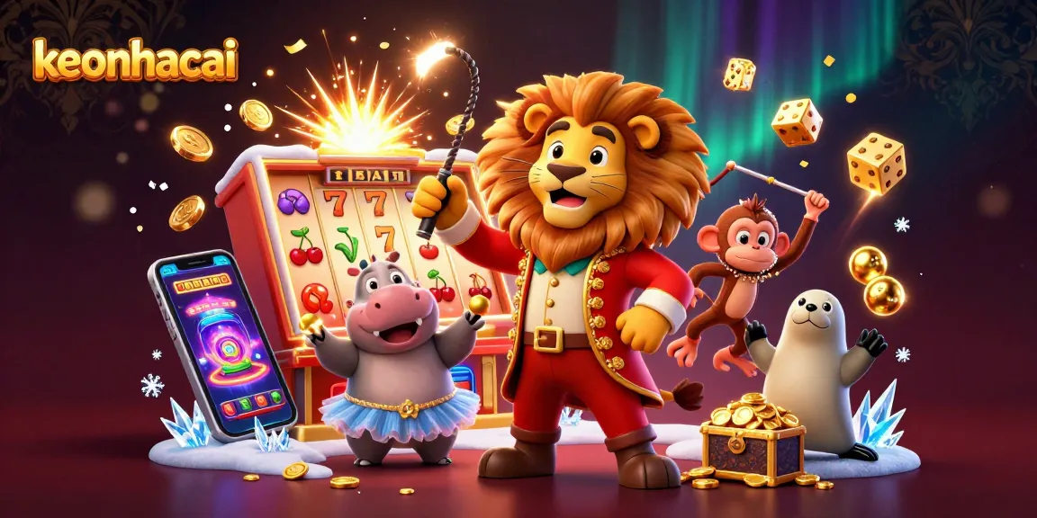 Engage with keonhacai in an exciting 3D circus-themed casino scene filled with vibrant characters and jackpot elements.