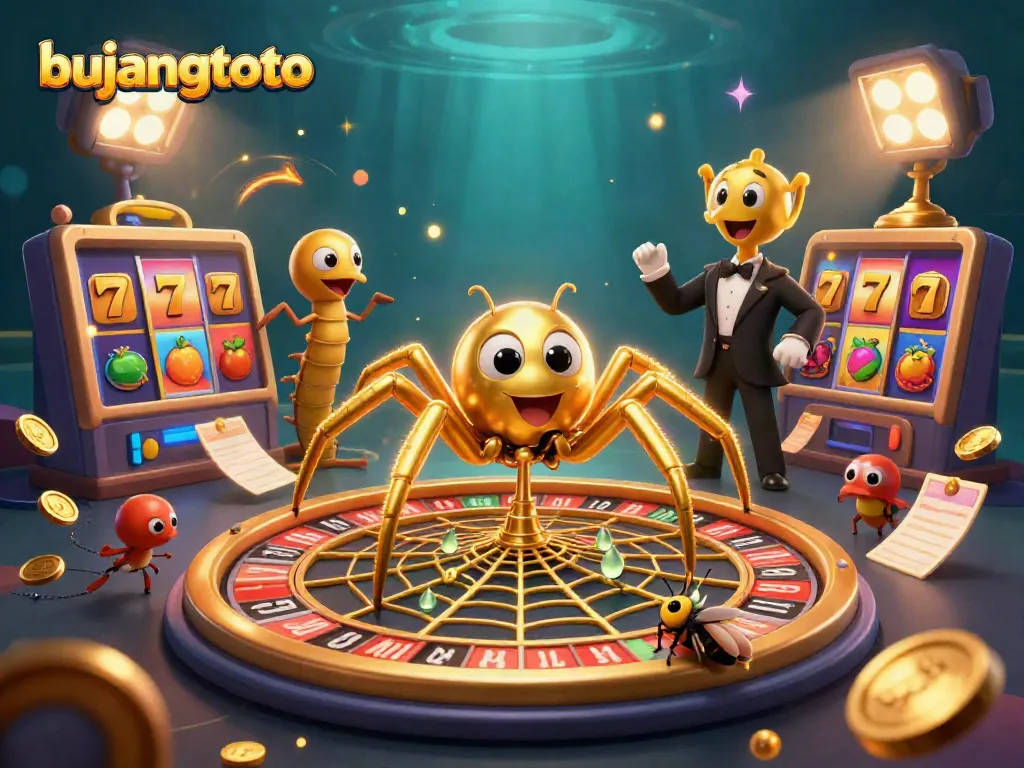 Experience the thrill of bujangtoto with this vibrant illustration of a spider croupier and colorful slot elements.