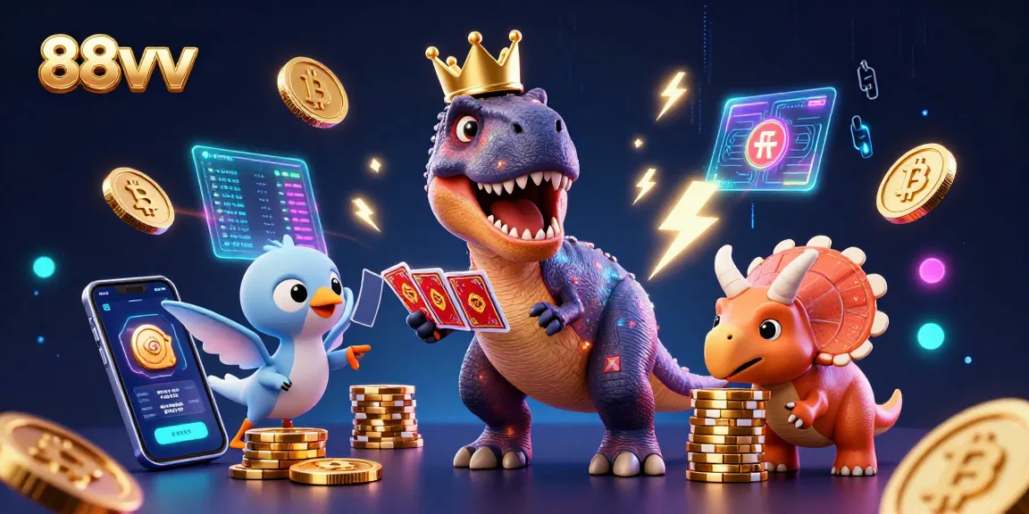 Experience vibrant gameplay with 88vv as a T-Rex shuffles cards and a pterodactyl assists in a crypto casino.