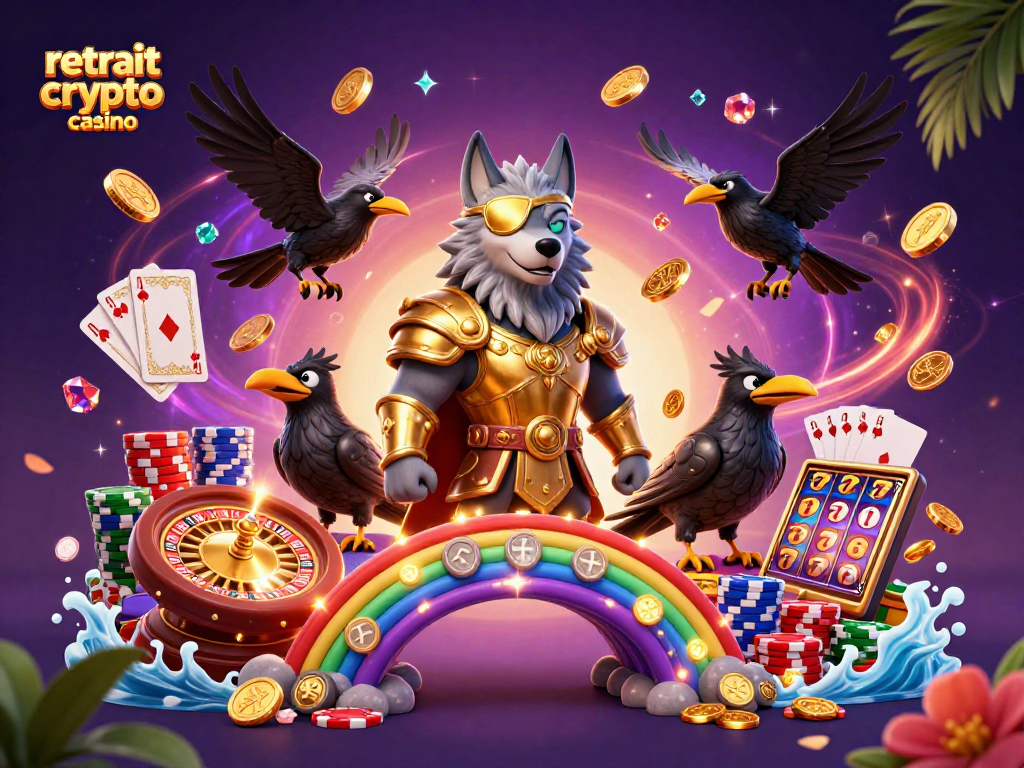 Retrait crypto casino rapide avec des personnages mythologiques et des jetons de casino scintillants.