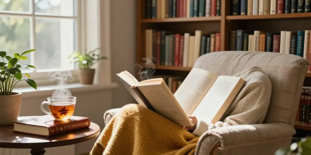 A cozy reading nook featuring a person with recommended you read books, warm lighting, and a cup of tea.