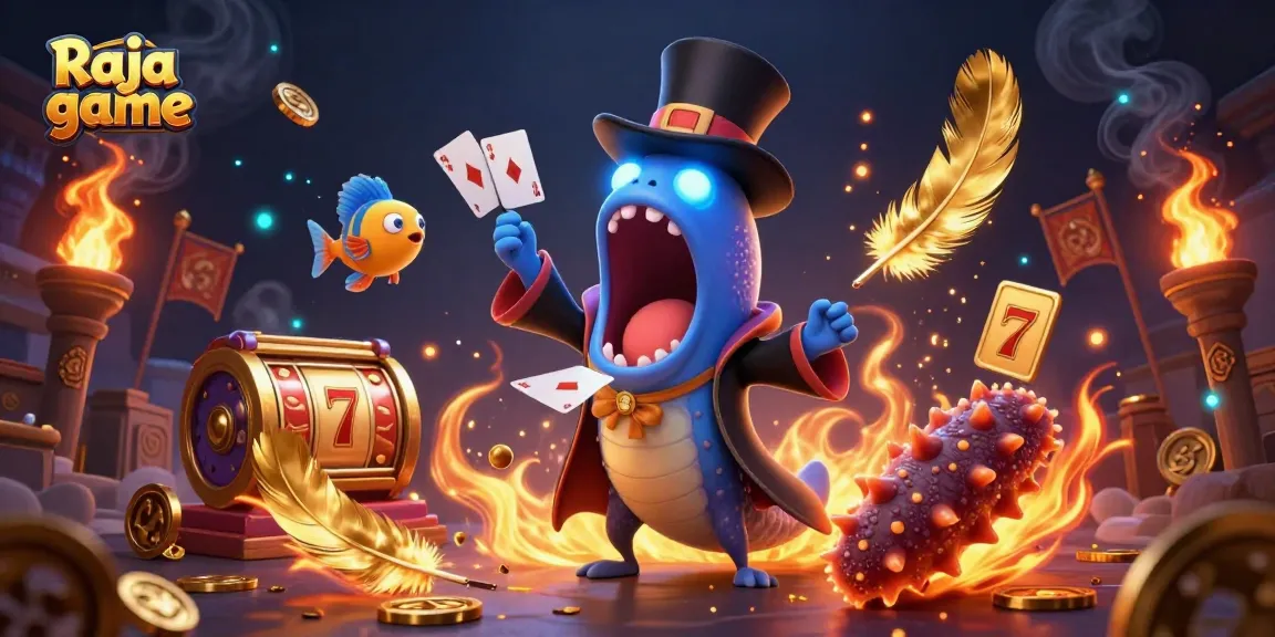 Engage with the thrilling Raja game through captivating card tricks and vibrant casino elements in a uniquely illustrated scene.