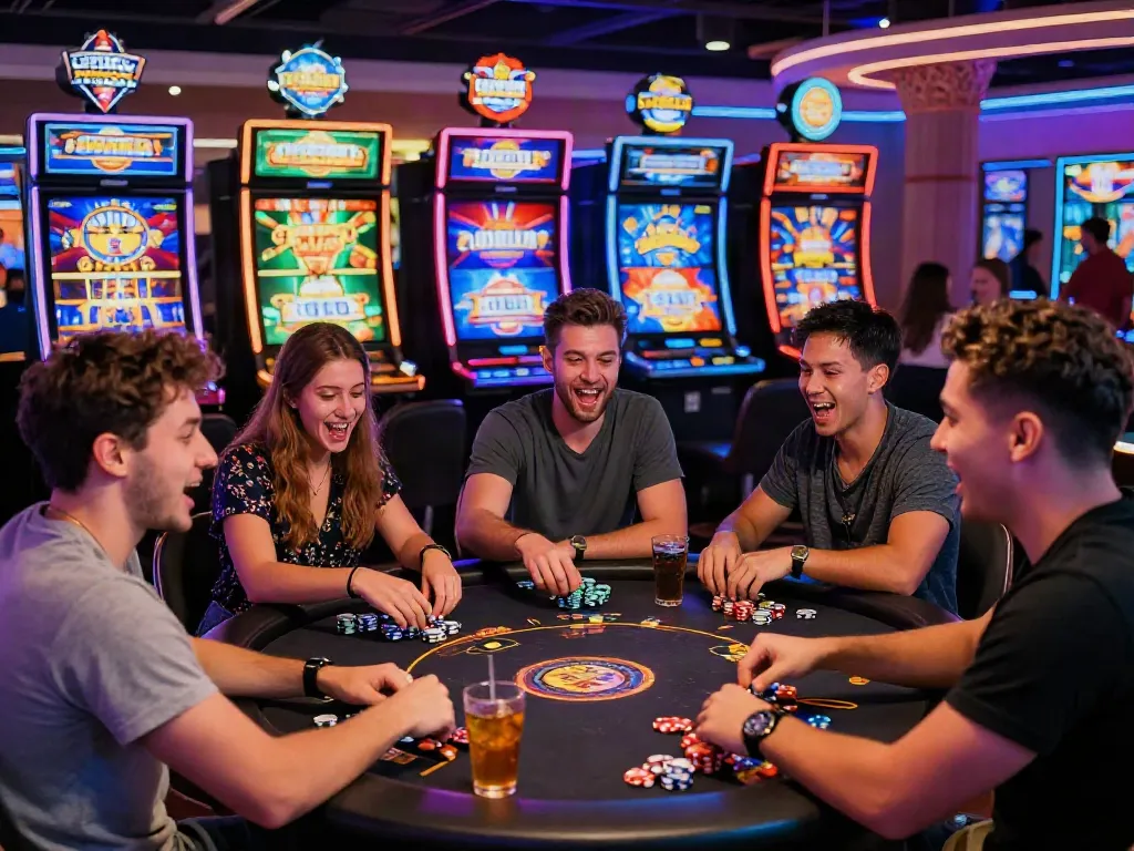 Group of friends enjoying slot gacor gaming in a vibrant casino atmosphere, showcasing excitement and social interaction.