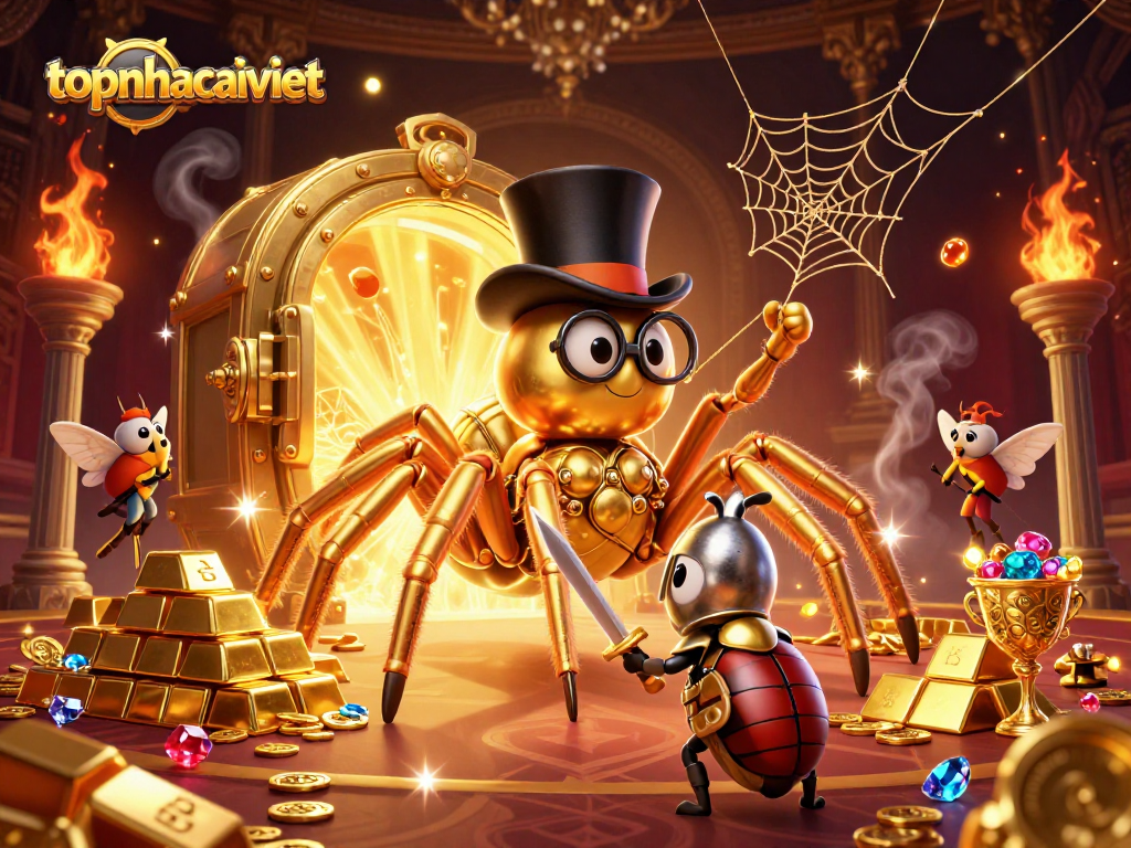 Experience the thrill of topnhacaiviet gaming with vibrant casino-themed characters and gold treasures.