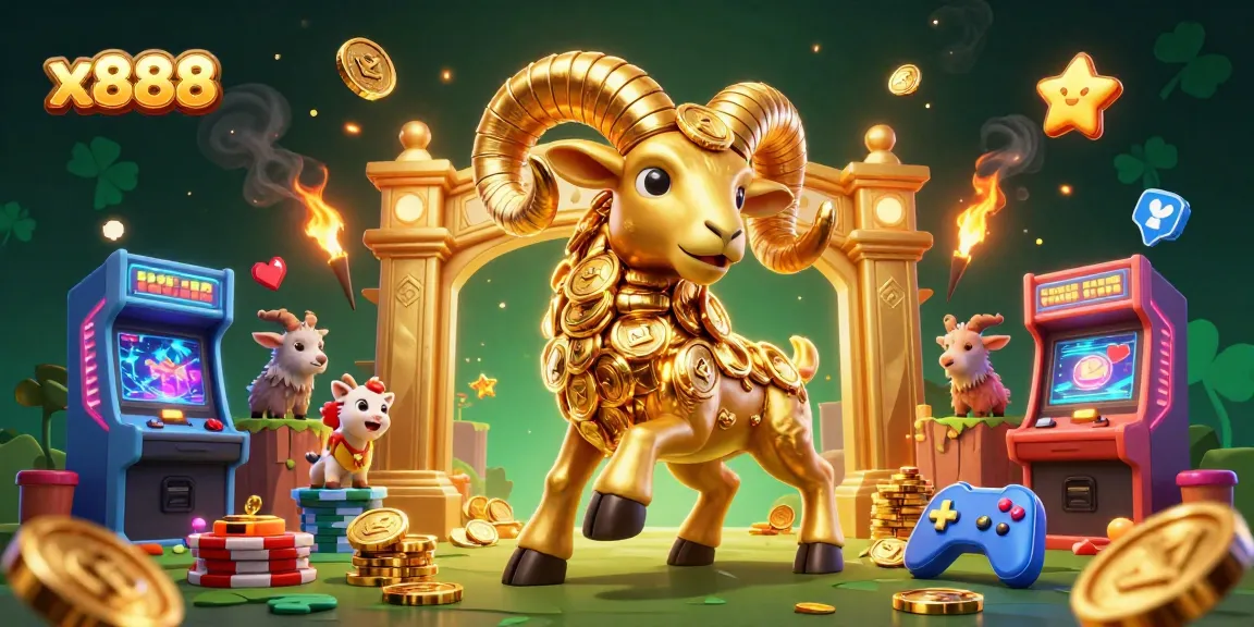 x888 features a 3D cartoon ram charging through golden gates, surrounded by vibrant gaming elements.
