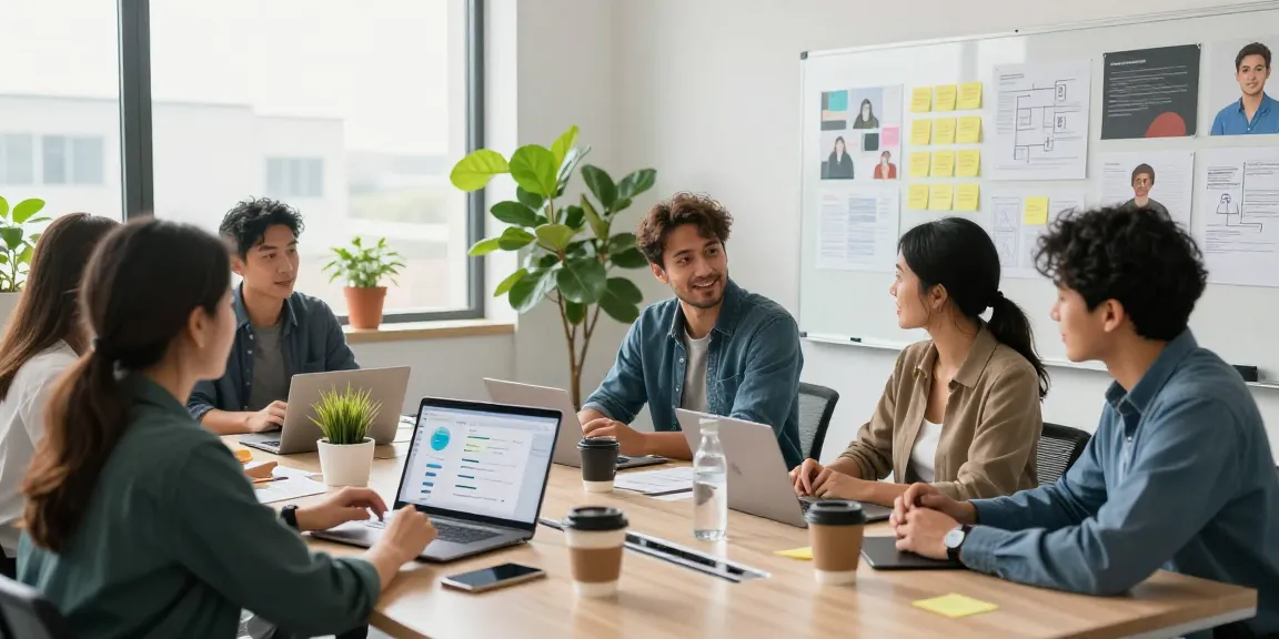 Team collaborating to build internal tools with AI, showcasing prototypes in a modern office.