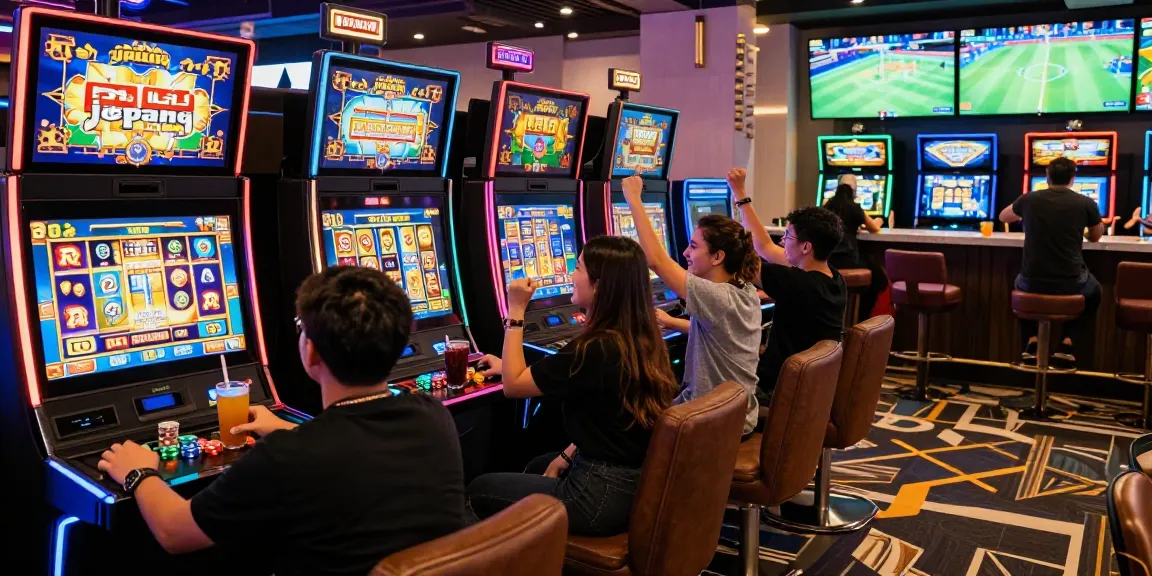 Players enjoying vibrant 'slot jepang' games in a modern casino setting, celebrating wins with drinks and chips.