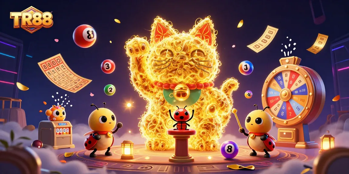 Join the TR88 excitement with colorful lottery balls and vibrant casino symbols in this dynamic illustration.